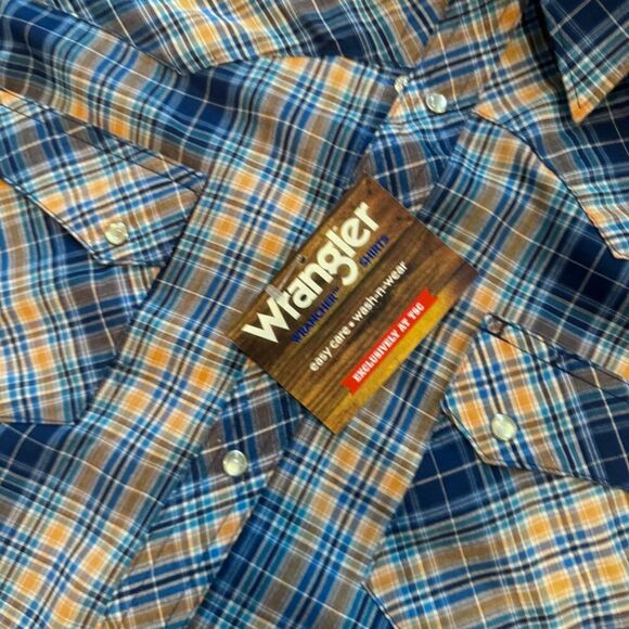 Wrangler Wrancher Men’s Short Sleeve Pearl Snap Plaid Shirt Blue Size M NWT - Picture 6 of 6